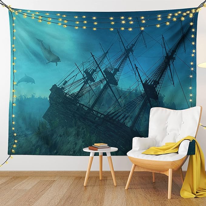 Ambesonne Nautical Tapestry, Dolphins Ruined Wreckage Underwater Sunken Ship Mystery Treasure, Fabric Wall Hanging Decor for Bedroom Living Room Dorm, 45" X 30", Blue Teal