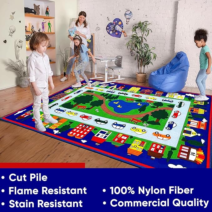 KIDCARPET.COM Around Town Play Mat Rug | Interactive Activity Carpet for Preschool Playroom Toy Car Track, 4' x 6'
