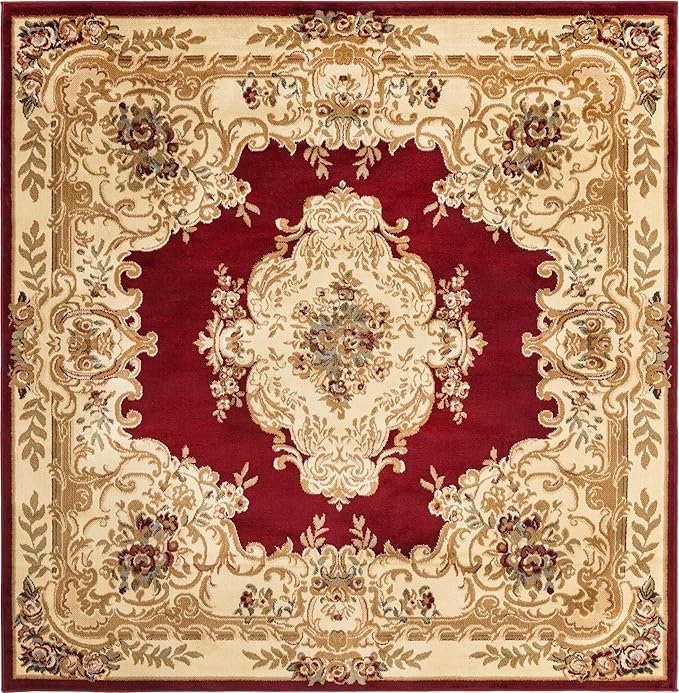 Rugs.com Chateau Collection Rug – 7' Square Red Medium Rug Perfect for Living Rooms, Kitchens, Entryways