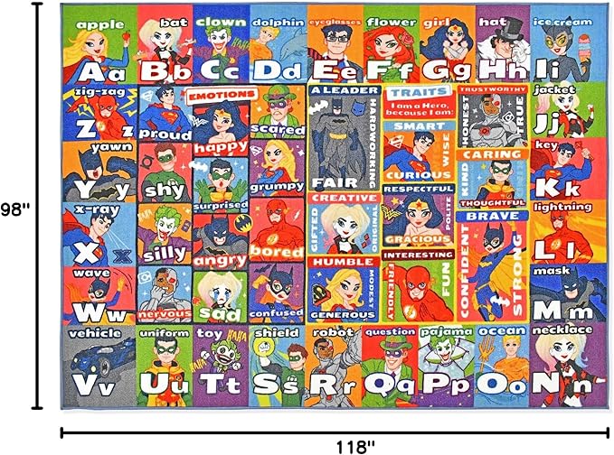 DC Super Friends Educational Kids Rug – ABC Alphabet, Emotions & Hero Traits Learning Mat – Social Skills Classroom, Playroom & Bedroom Carpet 8x10