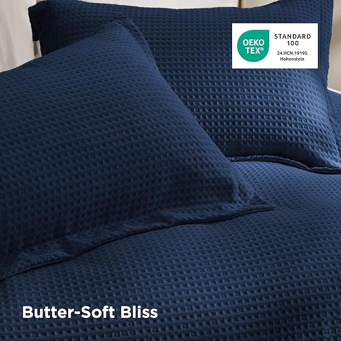 Bedsure Luxury Waffle Duvet Cover Queen Size - Textured Duvet Cover Set, Soft, Breathable Bedding Set (90"x90") with 2 Pillow Shams for All Season, Navy Blue, Comforter Not Included