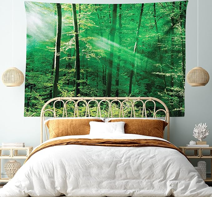 Ambesonne Forest Tapestry, Sun Rays Bursting into the Forest Trees Foliage Misty Morning Serenity Picture, Wide Wall Hanging for Bedroom Living Room Dorm, 80" X 60", White and Green