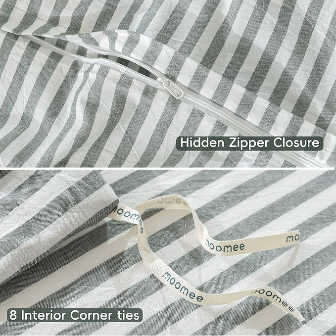 MooMee Striped Duvet Cover Set 100% Washed Cotton Linen Like Textured Breathable Durable Soft Comfy (Heathered Green Classic Stripes, Super King 108"x98")