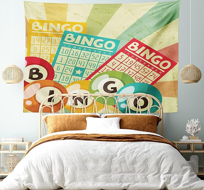 Ambesonne Vintage Tapestry, Bingo Game with Ball and Cards Pop Art Lottery Hobby Celebration Theme, Fabric Wall Hanging Decor for Bedroom Living Room Dorm, 28" X 23", Teal Multicolor