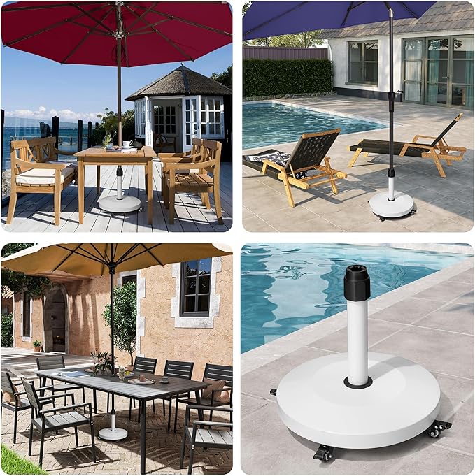 Patio Umbrella Base with 4 Wheels, 55lbs Round Heavy Duty Concrete Stand for Outdoor Market Umbrella, White