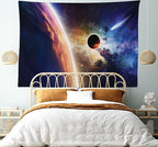 Ambesonne Outer Space Tapestry King Size, Comet Approaches Vibrant Planet Scientific Realities in Solar System World Scene, Wall Hanging Bedspread Bed Cover Wall Decor, 104" X 88", Blue Red