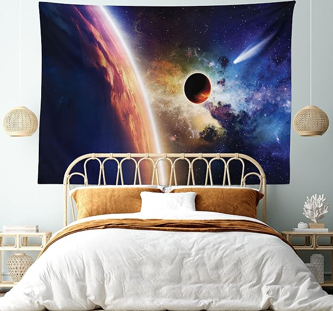 Ambesonne Outer Space Tapestry King Size, Comet Approaches Vibrant Planet Scientific Realities in Solar System World Scene, Wall Hanging Bedspread Bed Cover Wall Decor, 104" X 88", Blue Red