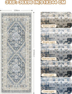 3x8 Runner Rug Non Slip Washable for Entryway, Front Porch, Vintage Hallway Runner for Laundry Room, Bedroom, Stain Resistant Thin Indoor Kitchen Mats for Floor(Blue/Beige,3'x8')
