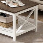 ChooChoo Coffee Table, Rustic Farmhouse Table with Shelf for Living Room, Vintage Finish White