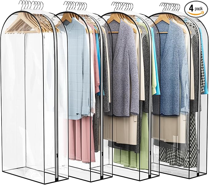Clear Garment Bag for Hanging Clothes 10” Gusseted, 50” Suit Bags for Open Closet Storage Plastic Clothes Cover for Coat, Dress, Shirts, Fur, Jacket, Wardrobe Protectors, 4 Pack