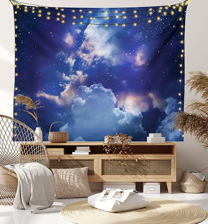 Ambesonne Space Tapestry King Size, Magic Sky View with Star and Clouds Celestial Colorful World Cosmic Expanse Theme, Wall Hanging Bedspread Bed Cover Wall Decor, 104" X 88", White and Blue