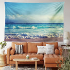 Ambesonne Tropical Island Tapestry, Ocean Waves on Seychelles Beach at the Sunset Time Skyline, Wide Wall Hanging for Bedroom Living Room Dorm, 60" X 40", Turquoise Sky Blue Umber
