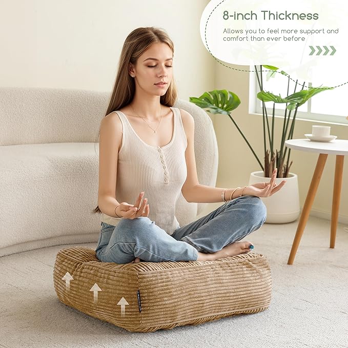 8" Washable Floor Pillow Cushion for Adults, Meditation Cushion Pillow, Large Square Floor Sitting, Removable Tufted Corduroy Cover, for Tatami Living Room or Yoga, 22x22 Inch, Machine Washable