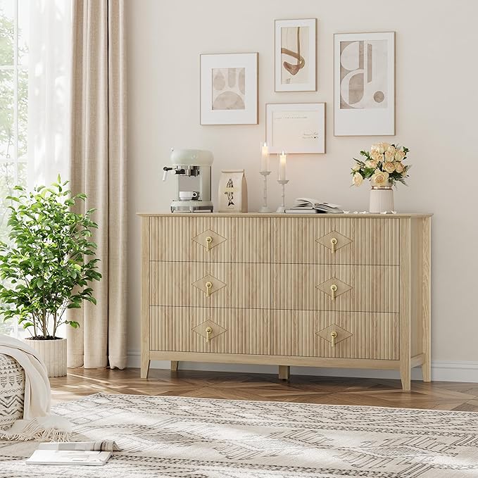 GarveeHome Fluted Dresser for Bedroom, 54 Inch Wide 6-Drawer Wood Dresser, Modern Chest of Drawers, Storage Organizer Cabinet for Living Room, Hallway, Entryway, Natural Oak