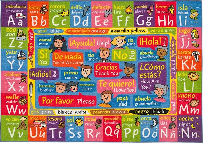 KC Cubs Bilingual Educational Kids Rug – English & Spanish ABC, Colors & Phrases – Language Learning Mat Classroom & Playroom Carpet Baby-Toddler 5x7