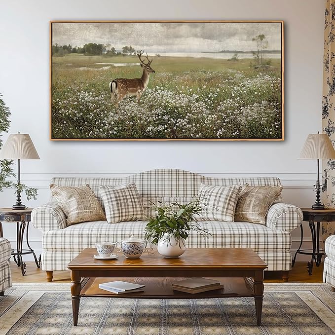 Vintage Wall Art for Living Room Farmhouse Wall Art, Country Decor, Deer Wall Art - Rustic Nature Canvas, Large Landscape Pictures for Bedroom Framed Artwork for Walls 20×40IN