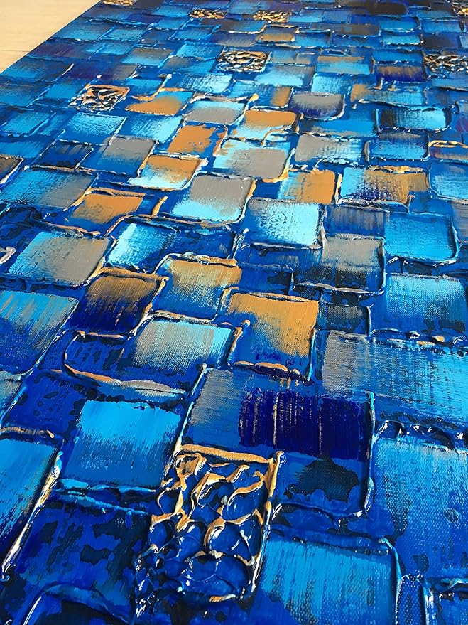MyArton Large Thick Abstract Dark Blue add Golden&Silver Square Wall Art Hand Painted Artwork Textured Oil Painting on Canvas Framed Ready to Hang 60x30inch