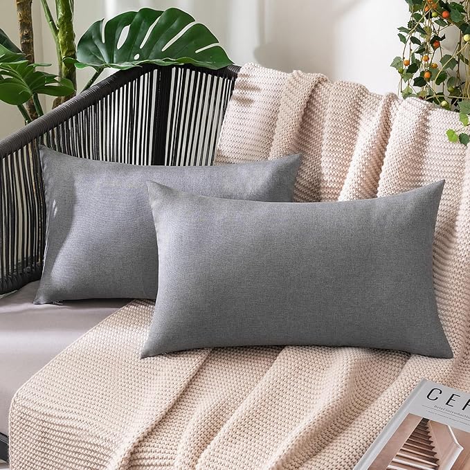 MIULEE Pack of 2 Decorative Outdoor Solid Waterproof Throw Pillow Covers Faux Linen Garden Farmhouse Cushion Cases for Patio Tent Balcony Couch Sofa 20x12 Inch Light Grey