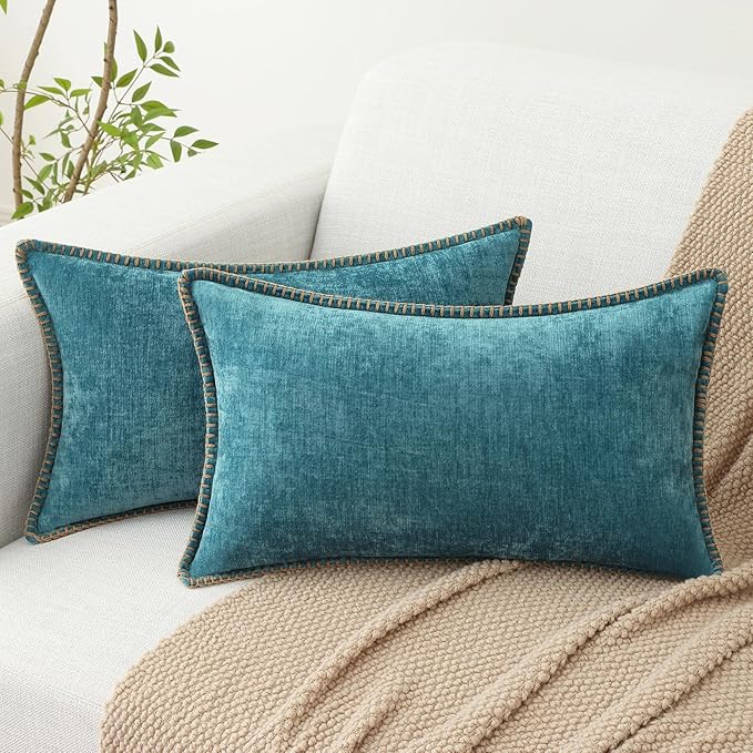 decorUhome Spring Chenille Soft Cozy Throw Pillow Covers 12x20 Set of 2, Modern Farmhouse Boho Velvet Decorative Pillow Cases with Stitched Edge for Couch Sofa Bed Home Decor, Teal