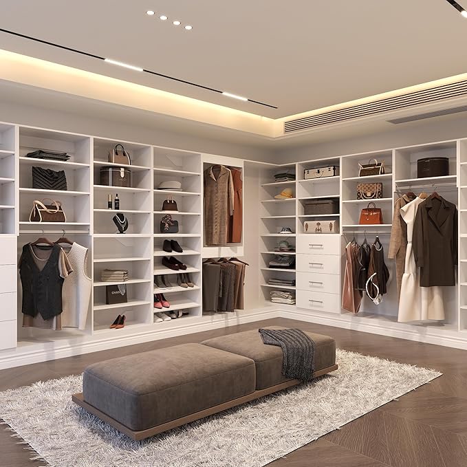 Modular Closet System, 46" Wide Organizer With Towers and Hanging, Wood Tower Storage for Walk In Closets, Wall Mounted Wardrobe Kit, Bedroom, White