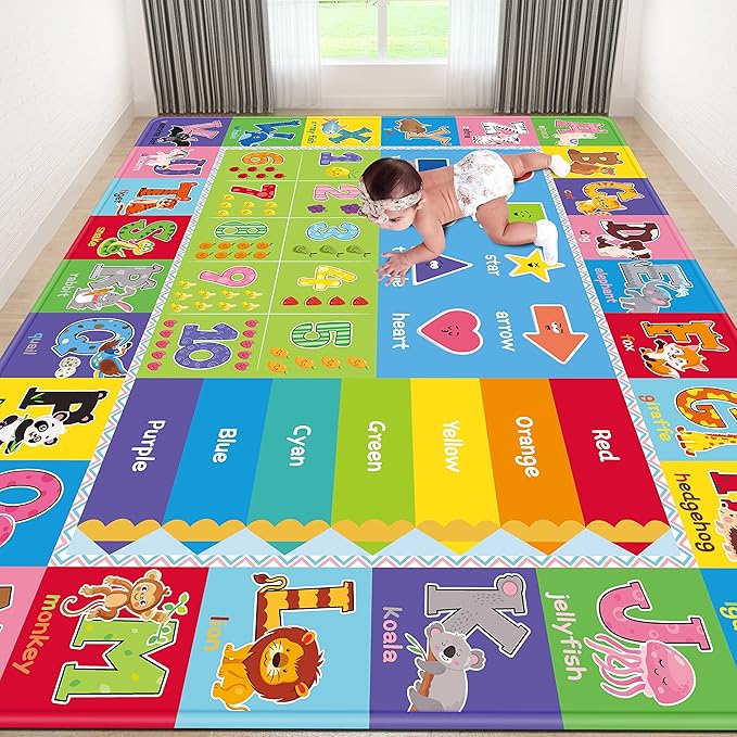 ABC Kids Rug, Kids Carpet for Playroom, Classroom Carpet with Anti-Slip Back, Educational Preschool Rugs with ABC, Numbers, Animals Colors, Shapes, Extra Large Thick (Style 5, 9'8" x 6'5")