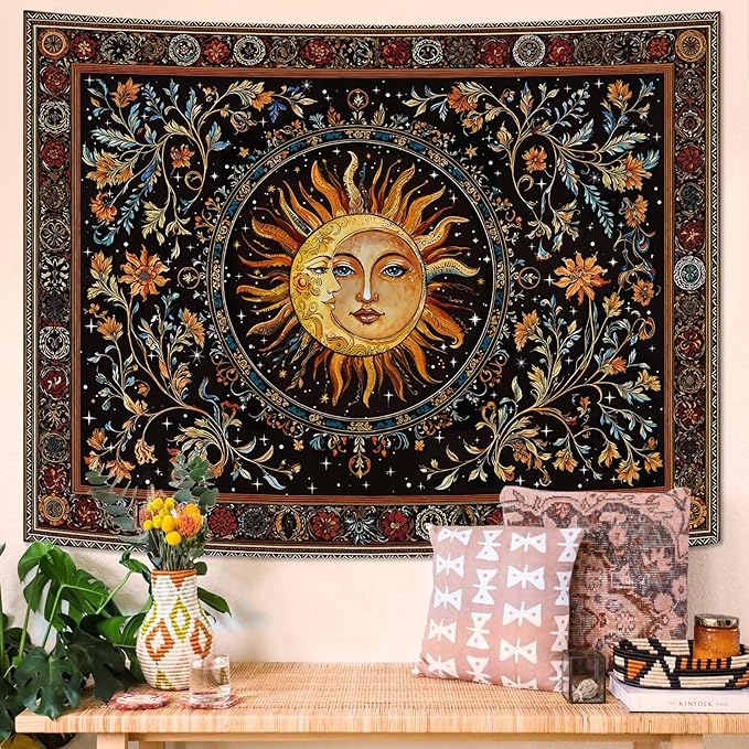 Accnicc Vintage Sun and Moon Tapestry Hippie Indie Boho Floral Wall Tapestry for Bedroom Aesthetic Stained Glass Celestial Plant Small Tapestries Wall Hanging for Living Room Dorm 60 x 44 Inch