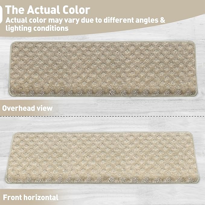 PURE ERA Bullnose Carpet Stair Treads Tape Free Non-Slip Indoor Stair Protectors Pet Friendly Stair Treads for Wooden Steps 9.5" x 30"(7 Pieces,Cream Gray Mini-Diamond Trellis)