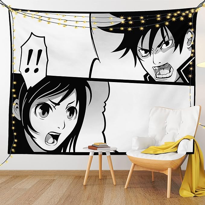 Ambesonne Anime Tapestry, Japanese Comics Strip Boy and Girl Fight Scene Manga Image Cartoon Print, Fabric Wall Hanging Decor for Bedroom Living Room Dorm, 45" X 30", Black White Grey