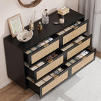 GarveeHome Rattan 6 Drawer Dresser, Modern Chest of Drawers with Gold Legs and Gold Handles, Wide Double Dresser with Large Tabletop and Anti-Tipping Design for Bedroom Living Room, Black