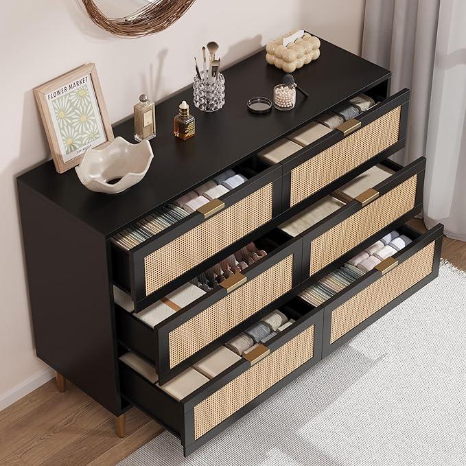 GarveeHome Rattan 6 Drawer Dresser, Modern Chest of Drawers with Gold Legs and Gold Handles, Wide Double Dresser with Large Tabletop and Anti-Tipping Design for Bedroom Living Room, Black