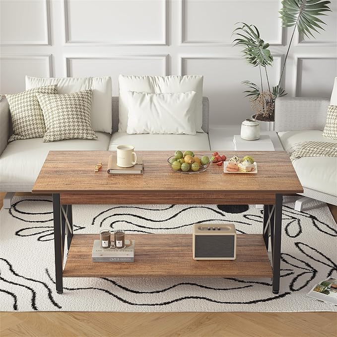 GreenForest Coffee Table with Storage, 43 inch Large Modern Coffee Tables for Living Room, X-Frame Design Farmhouse Coffee Table Space Saving Living Room Tables, Easy Assembly, Walnut