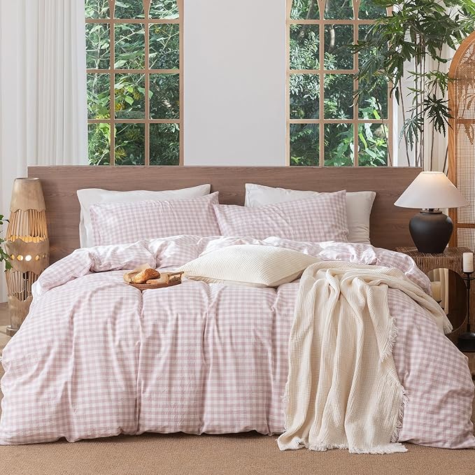 MooMee Gingham Duvet Cover Set 100% Washed Cotton Linen Like Textured Breathable Durable Soft Comfy Modern Checkered Design (Classic Gingham Greyish Pink, Oversized Full 82"x86")