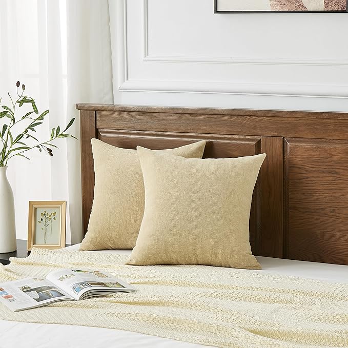 GAWAMAY Decorative Chenille Throw Pillow Covers 26x26 Inch Pack of 2, Soft Square Couch Pillow Cover for Sofa Cushion Living Room Bedroom Solid Dyed Oversized Pillowcases Khaki 66x66cm (ONLY Covers)