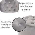 BIRDROCK HOME Tufted Curve Ottoman Velvet Foot Stool - Upholstered Padded Footrest for Living Room or Bedroom - Small Cushioned Accent Chair for Couch, Sofa, Large Seating - Modern Furniture - Grey