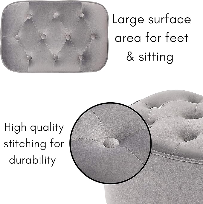 BIRDROCK HOME Tufted Curve Ottoman Velvet Foot Stool - Upholstered Padded Footrest for Living Room or Bedroom - Small Cushioned Accent Chair for Couch, Sofa, Large Seating - Modern Furniture - Grey