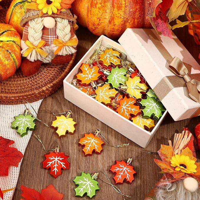 JULMELON 24PCS Fall Leaf Ornament for Tree, Thanksgiving Maple Leaves Hanging Ornaments with Rope Maple Pendant for Farmhouse Rustic Party Favors Craft Supplies Decor