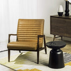 Poly & BARK Rowan Lounge Chairs Set of 2 – Mid Century Modern Leather Armchairs with Ribbed Seat and Solid Ash Wood Frame, Cognac Tan