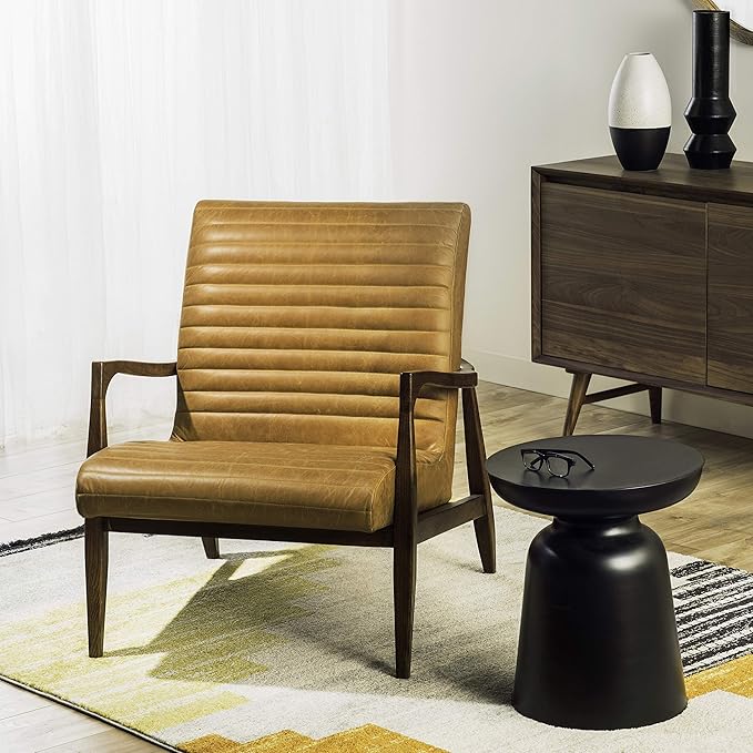 Poly & BARK Rowan Lounge Chairs Set of 2 – Mid Century Modern Leather Armchairs with Ribbed Seat and Solid Ash Wood Frame, Cognac Tan