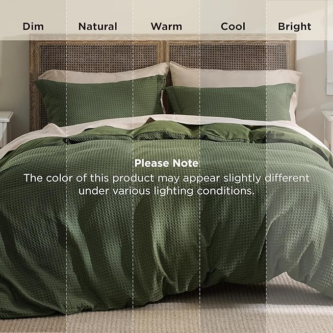 Bedsure Luxury Waffle Duvet Cover Queen Size - Textured Duvet Cover Set, Soft, Breathable Bedding Set (90"x90") with 2 Pillow Shams for All Season, Olive Green, Comforter Not Included