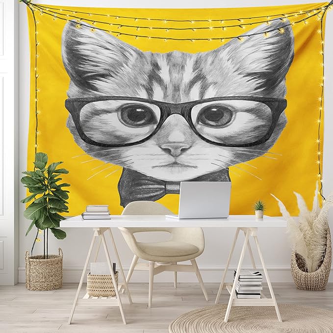 Ambesonne Animal Tapestry, Sketchy Hand Drawn Design Hipster Cat Kitten Glasses Image Print, Wide Wall Hanging for Bedroom Living Room Dorm, 60" X 40", Grey Mustard