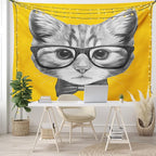 Ambesonne Animal Tapestry, Sketchy Hand Drawn Design Hipster Cat Kitten Glasses Image Print, Fabric Wall Hanging Decor for Bedroom Living Room Dorm, 28" X 23", Grey Mustard