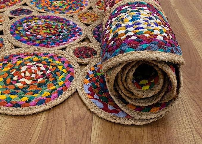 2.6x10 Scalloped Kilim Runner Rug Beige Multicolor Hand Braided Chindi Cotton Jute Cape Cod Design 0.27" Thick Flatweave Geometric Boho Indoor Outdoor Carpet for Hallway, Entryway, Corridor