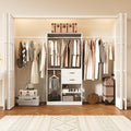 Flrrtenv Closet System, 6.8-9.8Ft Closet Organizer with 2 Wooden Drawers and Pull-out Pants Organizer Rod, Walk-in Wood Closet Organizer Wardrobe Clothes Rack with 3 Hanging Rods, White&Oak