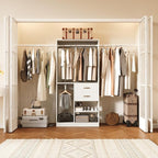 Flrrtenv Closet System, 6.8-9.8Ft Closet Organizer with 2 Wooden Drawers and Pull-out Pants Organizer Rod, Walk-in Wood Closet Organizer Wardrobe Clothes Rack with 3 Hanging Rods, White&Oak