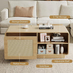 LIKIMIO 39.4" Rattan Coffee Table with Storage Drawers, Safety Curved Corners & 4-Tier Adjustable Shelves, Sturdy Base, Wood Center Table for Living Room, Natural