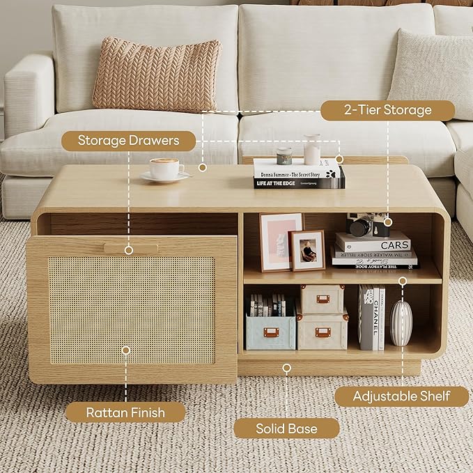 LIKIMIO 39.4" Rattan Coffee Table with Storage Drawers, Safety Curved Corners & 4-Tier Adjustable Shelves, Sturdy Base, Wood Center Table for Living Room, Natural