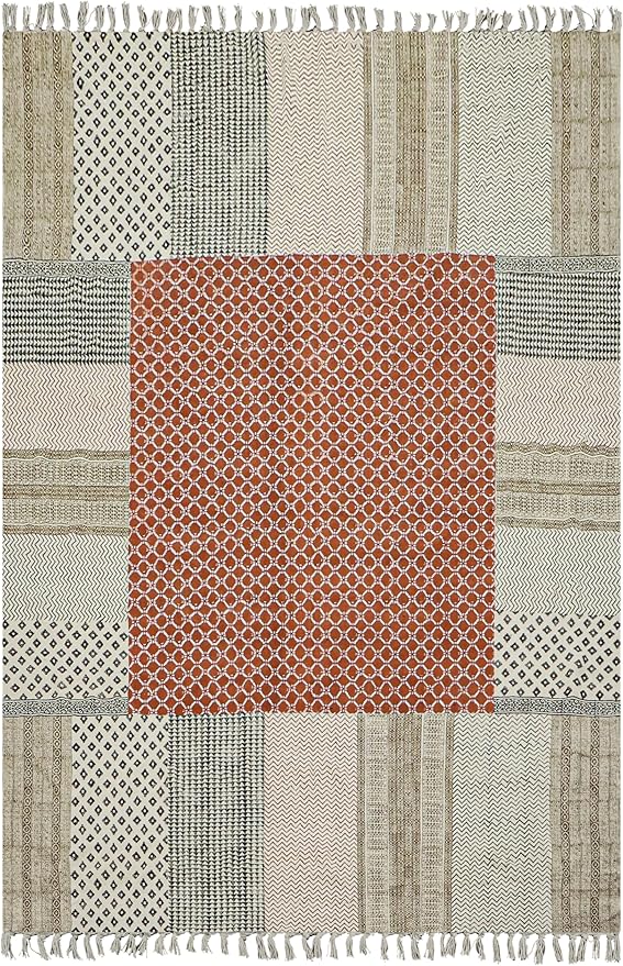 Kilim Rug 12x15 Area Rug Orange & Beige Cotton Dhurrie Oriental Thick 0.19 inches Stone Easy Washable Rug Hand Wash Cotton Carpet Flatweave Rug Indoor Outdoor Rugs for Living Room, Bedroom