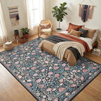 GarveeHome Indigo Blue and Pink Vintage Floral Washable 6x9 Area Rugs for Living Room Boho Retro Rug Low Pile Stain Resistance Non Slip Carpet for Bedroom Nursery Dining Room