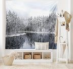 Ambesonne Woodland Tapestry King Size, Lake Surrounded by Snow Covered Trees on a Cold Winter Day in Finland Reflections, Wall Hanging Bedspread Bed Cover Wall Decor, 104" X 88", White Brown