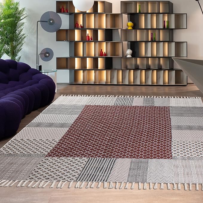 Area Rug 7' Square Rug Brown & Beige Cotton Dhurrie Geometric Design 0.19 inches Stone Easy Washable Rug Hand Wash Cotton Carpet Flatweave Rug Indoor Outdoor Rugs for Hall Room, Dining Room